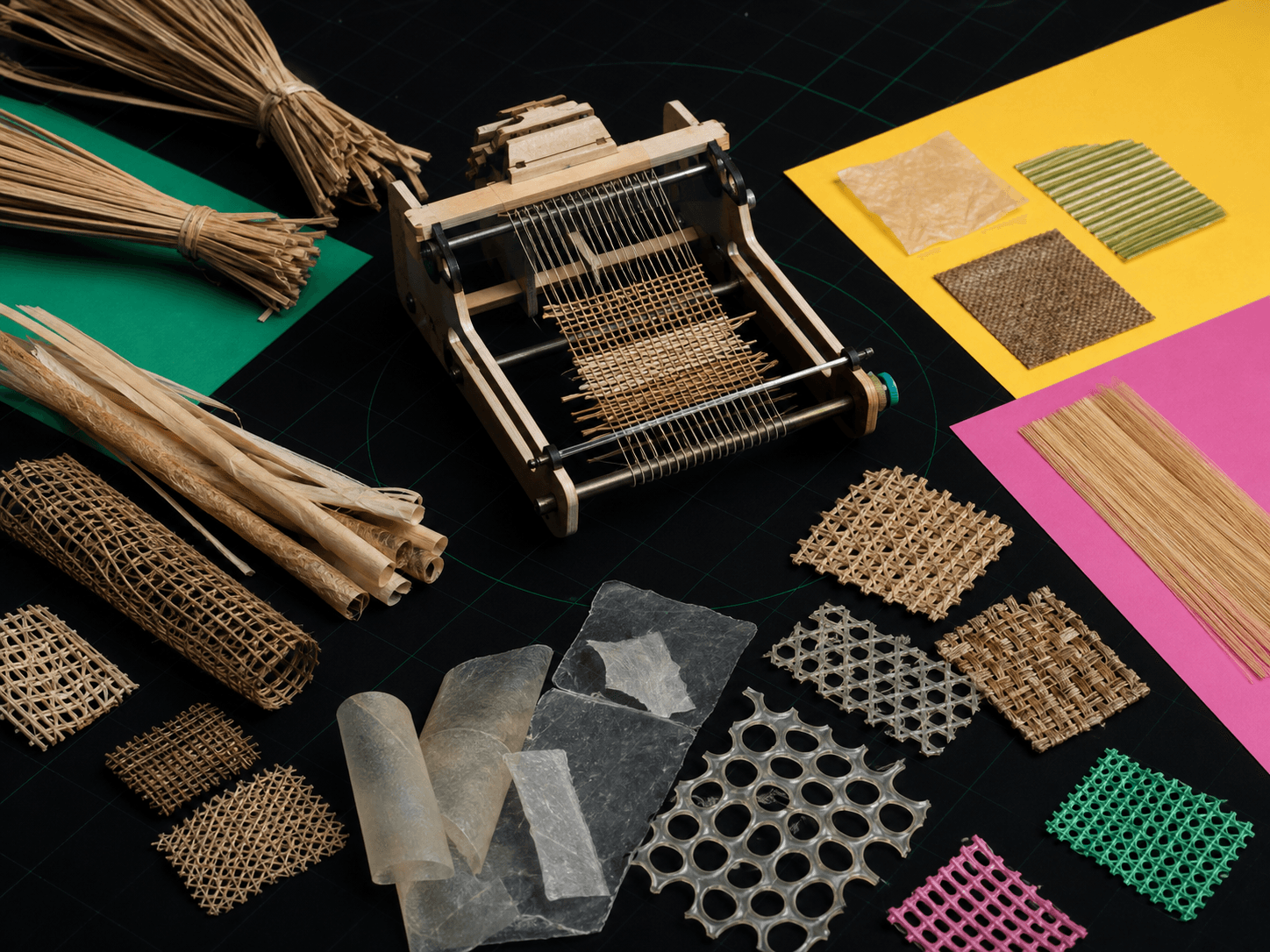 Natural fibres, teaching loom and biomaterial samples on a black table