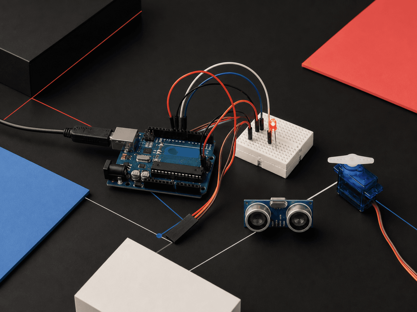 Prototype with Arduino board, sensors, LED and servo on a black table