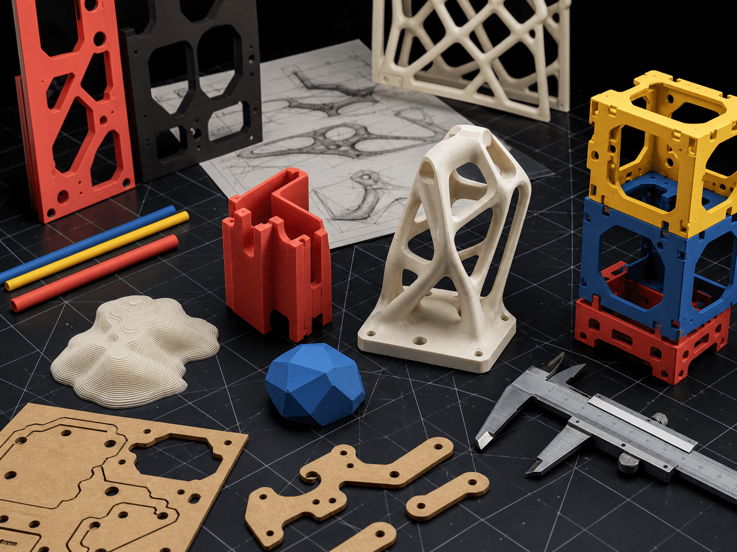 3D printed prototypes, cut parts and caliper on a technical table