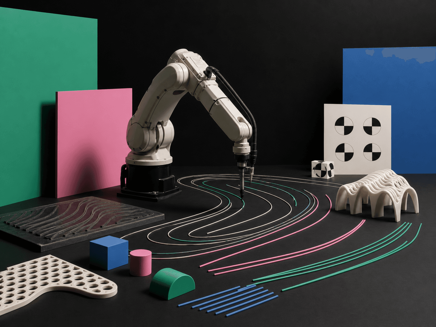 Robotic arm with parametric trajectories and fabricated pieces on a black background