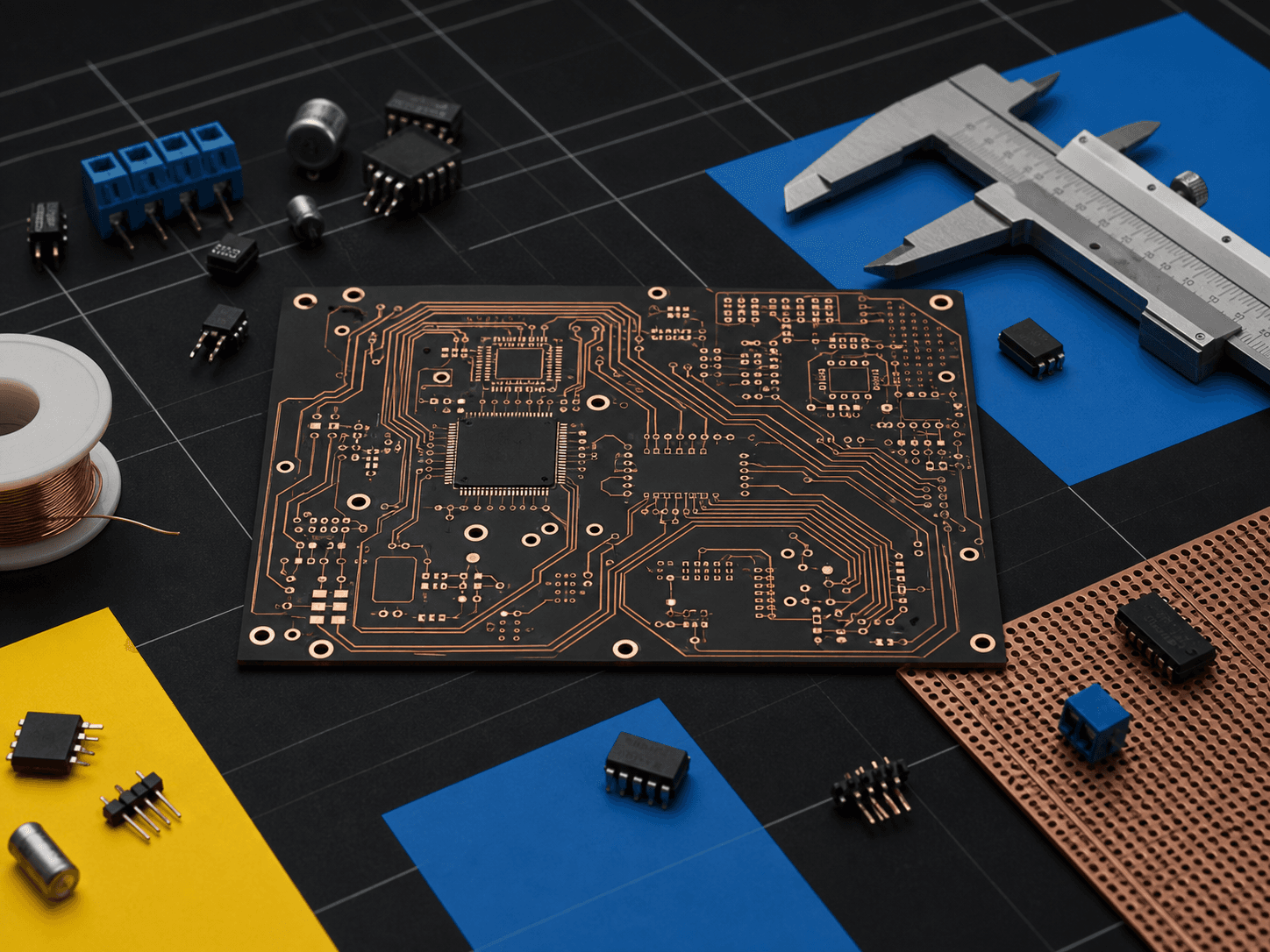 Printed circuit board, electronic components and caliper on a black table