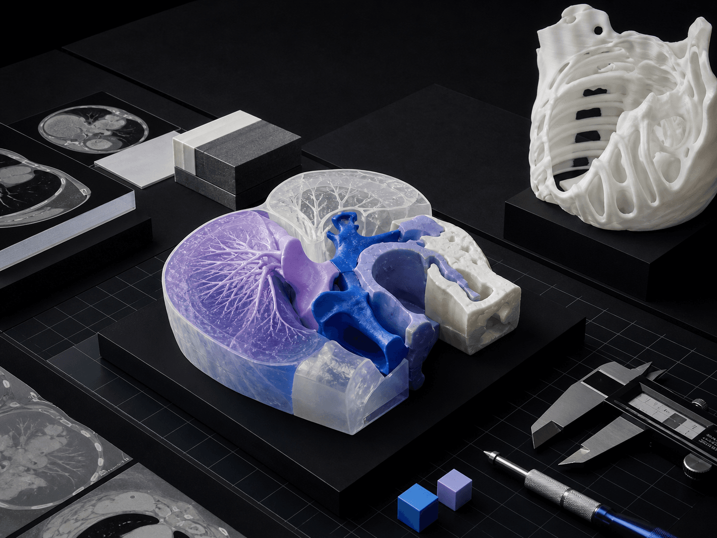Segmented anatomical model and 3D printed pieces on a technical table